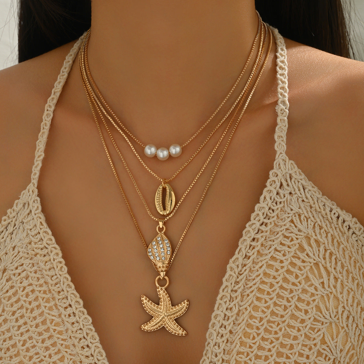 Wholesale  Summer Ocean Beach Shell Necklace Multi-Layered Necklace Clavicle Chain