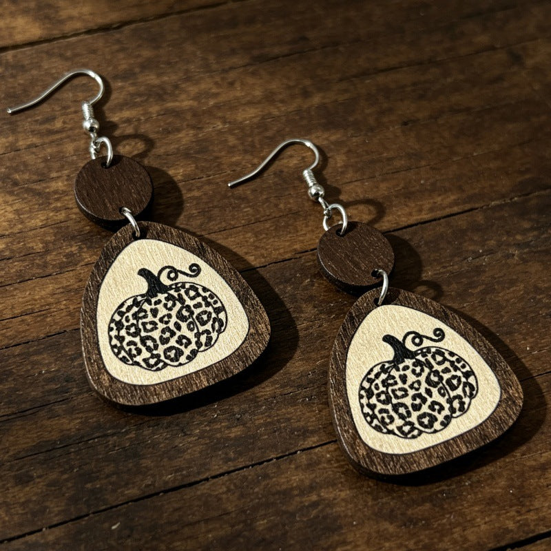 Wholesale Wooden Geometric Earrings Double Layer Leopard Pumpkin Print For Thanksgiving  Party Jewelry Gift Boutique Resale