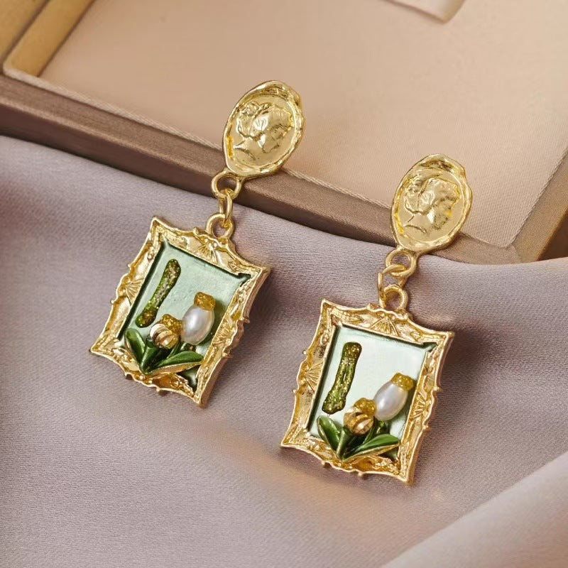 Wholesale Vintage Baroque Green Flower Earrings Alloy Dripping Glaze Fashion Accessory