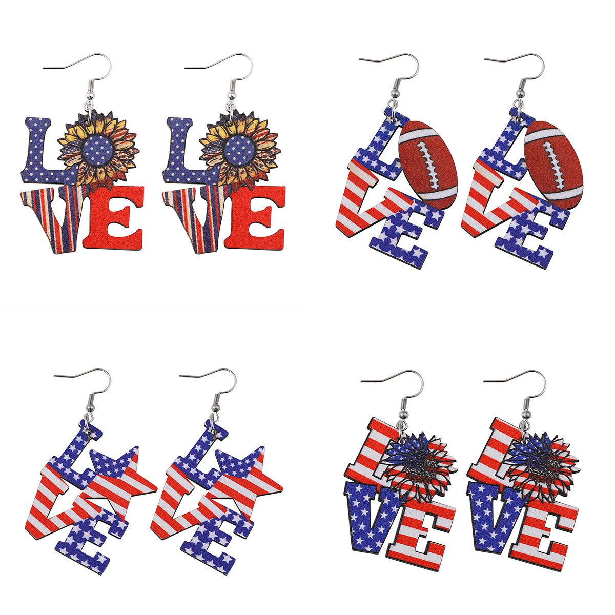 Wholesale American Independence Day Red White Blue Flag Striped Stars Sunflower Double Sided Earrings