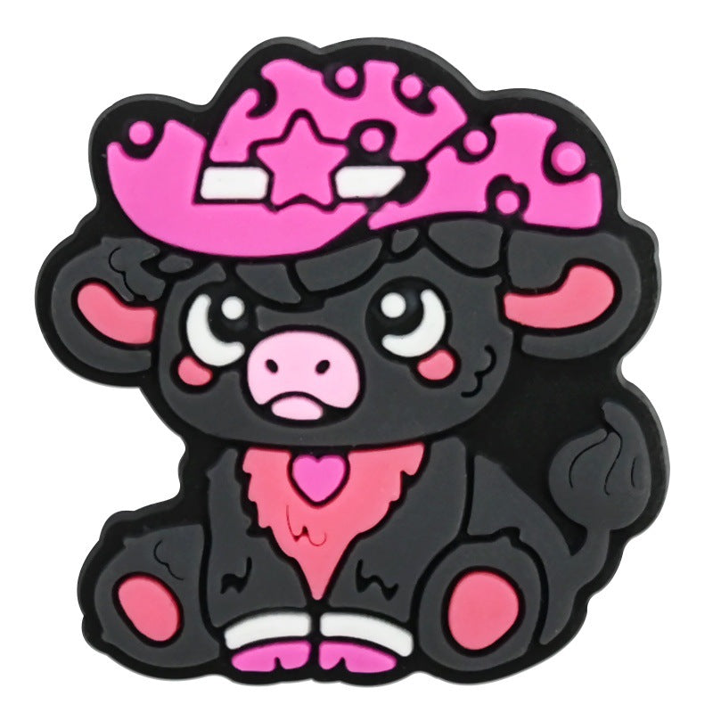 Wholesale  Random 100pcs Creative Cartoon Highland Cow Denim Series PVC Soft Rubber Shoe Buckle Decoration