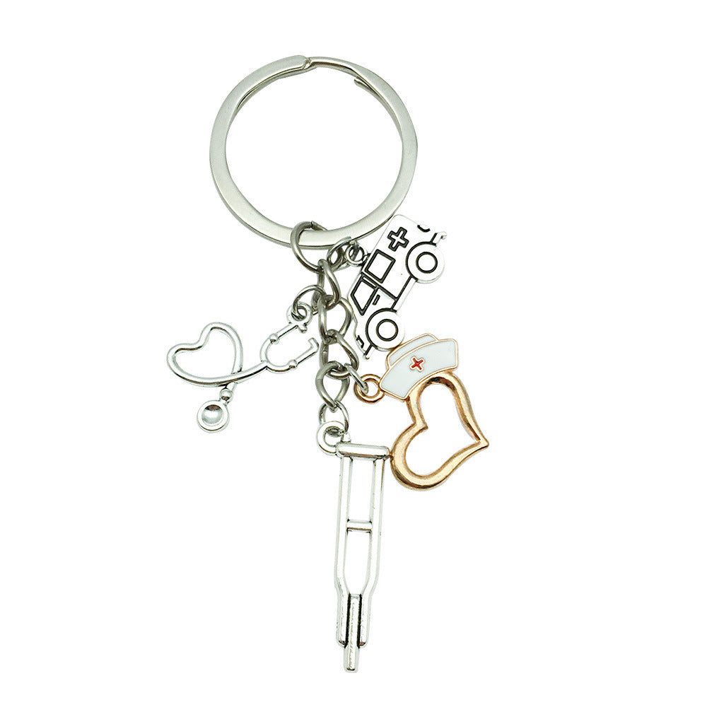 Wholesale Antique Silver Alloy Medical Syringe Stethoscope Keychain Red Heart EKG Design Creative Gift Car Key Accessory