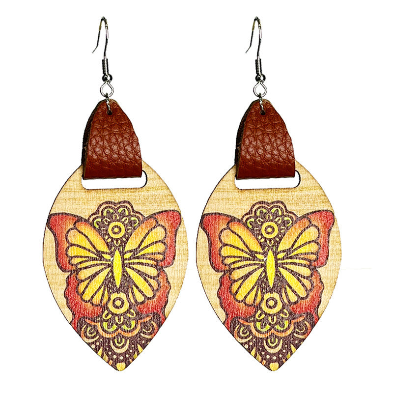 Wholesale 2 Pairs/pack Vintage Genuine Leather Bohemian Ethnic Style Sunflower Wooden Earrings ACC-ES-HY059