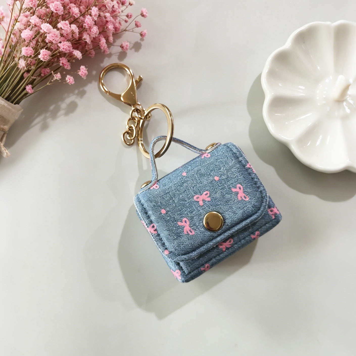 Wholesale Korean Style Denim Polka Dot Heart Earphone Case Cloth Pendant - Everyday Accessory