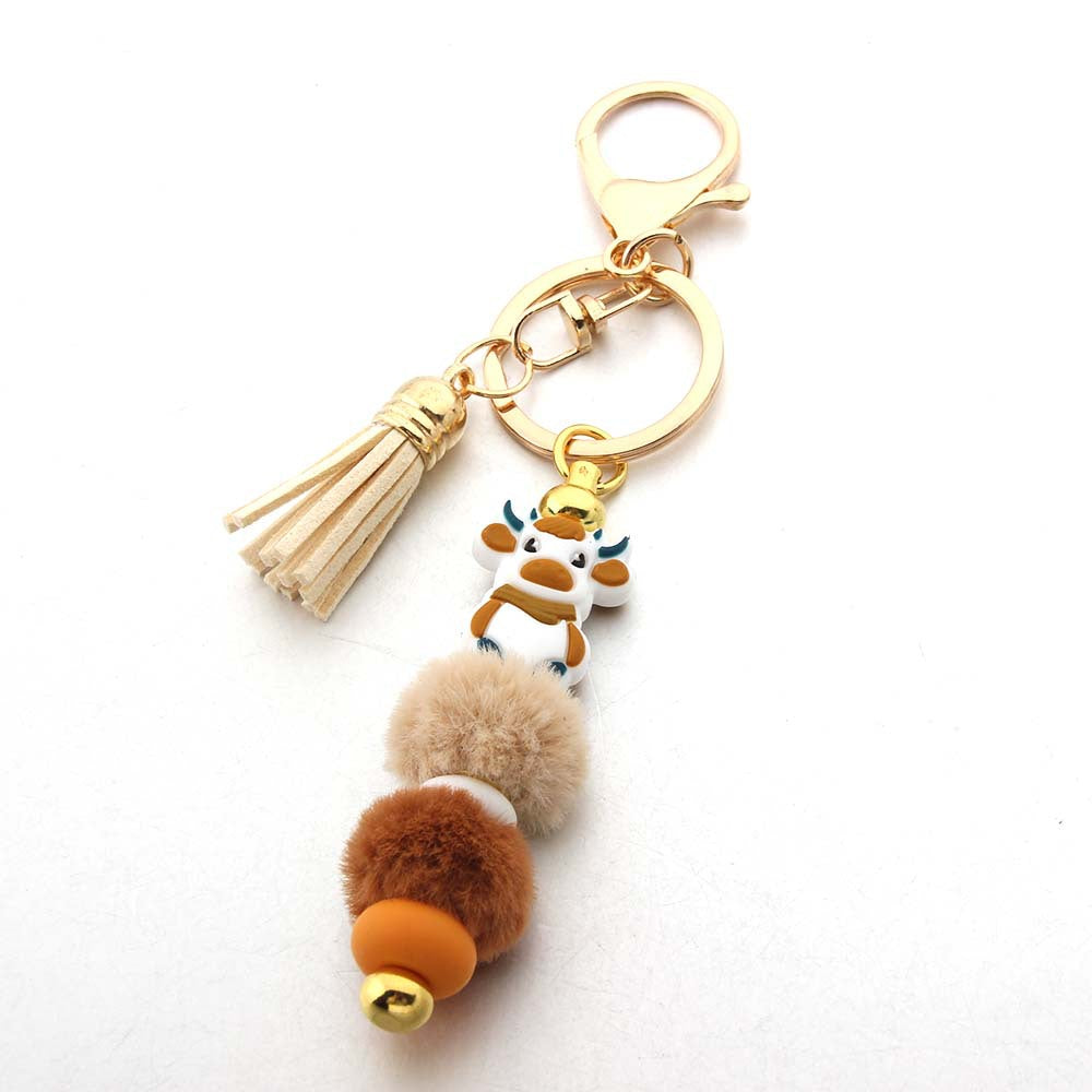 Wholesale Cartoon Cow Hair Ball Silicone Beaded Keychain ACC-KC-JinAn001