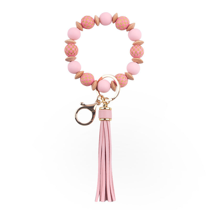 Wholesale Patterned Wood Beads Beaded Silicone Wrist Keychain with Tassel Bulk Keychains ACC-KC-GuangTian039