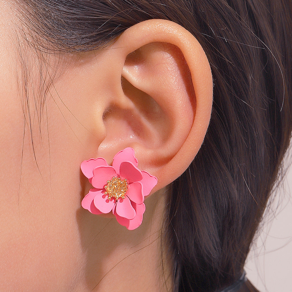 Wholesale Baking Paint Finish Frosted Flower Earrings Trendy Multi Layer Petal Jewelry Accessory For Boutique Resale