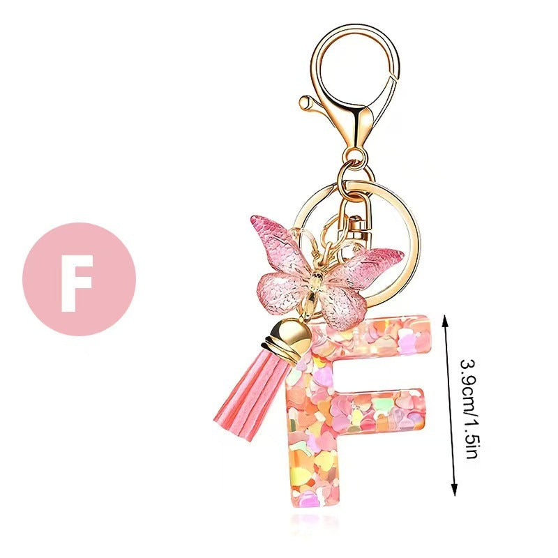 Wholesale Trendy Cute 26 Piece Alphabet Initial Keychain Set With Tassel Butterfly Pendant Bag Charm Gift