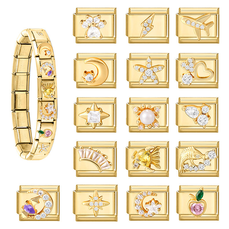 Wholesale Italian Charm Bracelet 9mm DIY Splicing Gold Micro-Inlaid Cubic Zirconia Stainless Steel Composable Bracelet