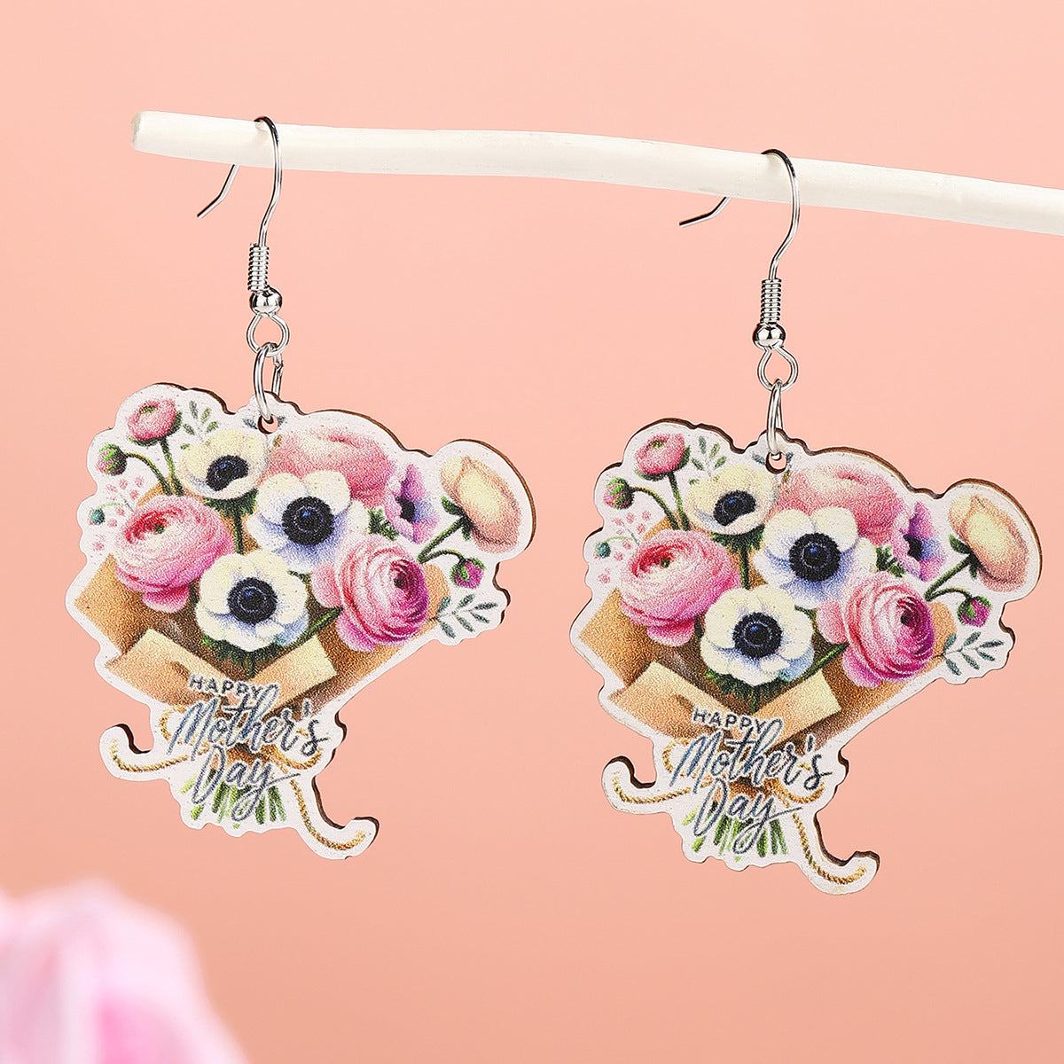Wholesale Mothers Day Wooden Earrings MOM Butterfly Bouquet Earrings