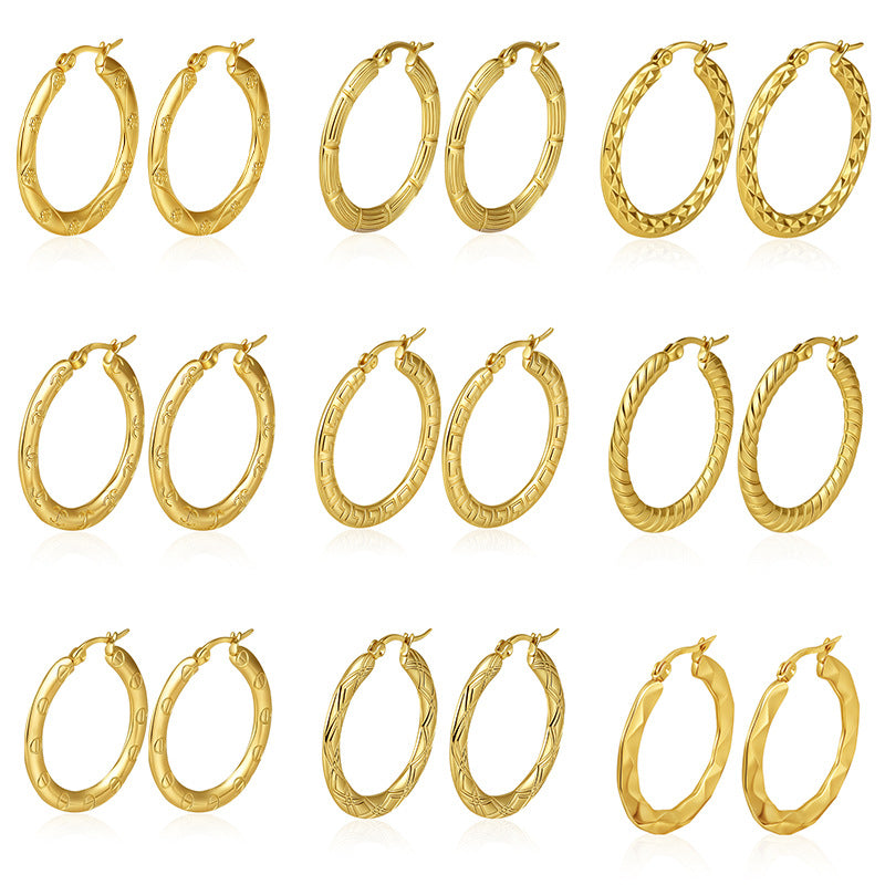 Wholesale Embossed Round Earrings Stainless Steel Gold Plated Everyday Wear Jewelry Accessory