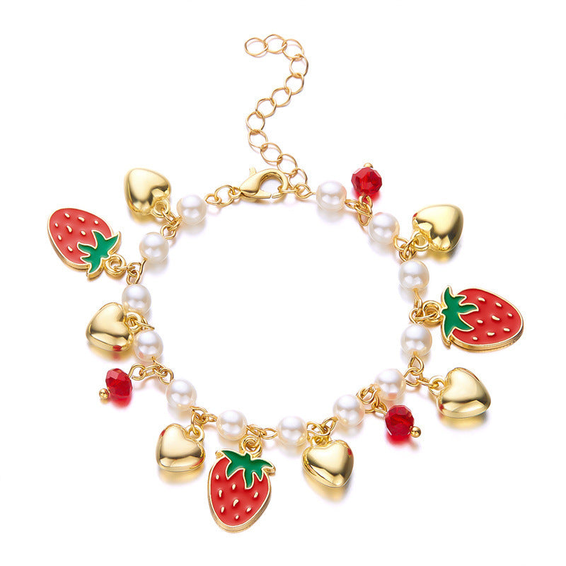 Wholesale Trendy Sweet Pearl Bracelet With Crystal Cherry Strawberry And Heart Charms Adjustable Fashion Jewelry Accessory For Women Boutique Resale And Gift
