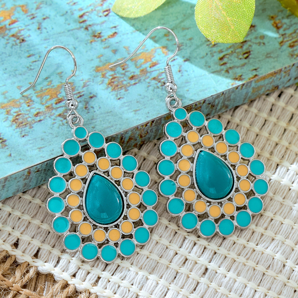 Wholesale Alloy Retro Ethnic Turquoise Bohemian Geometric Oil Drip Earrings Jewelry Accessory