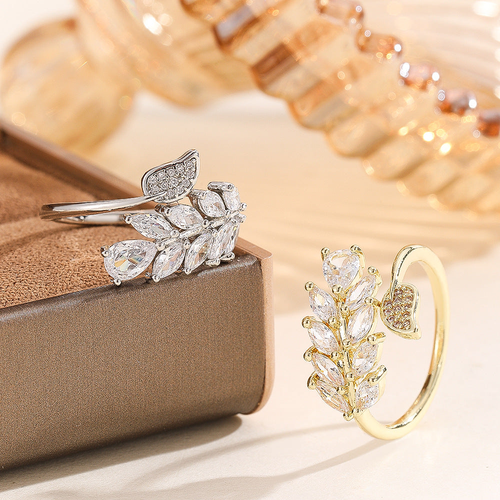 Wholesale Gold Copper Zircon Leaf Open Ring Fashion Jewelry Accessory Gift For Women