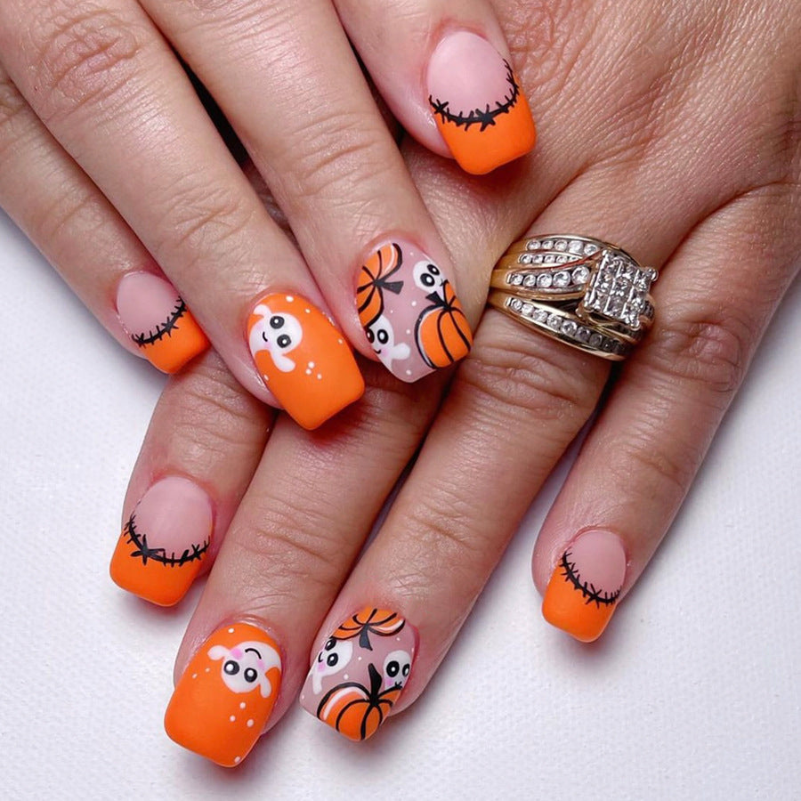Wholesale 24 Pieces/box Cute Pumpkin Ghost Halloween Frosted Press-on Nails Kits Nail Stickers ACC-NS-GuaiXL071