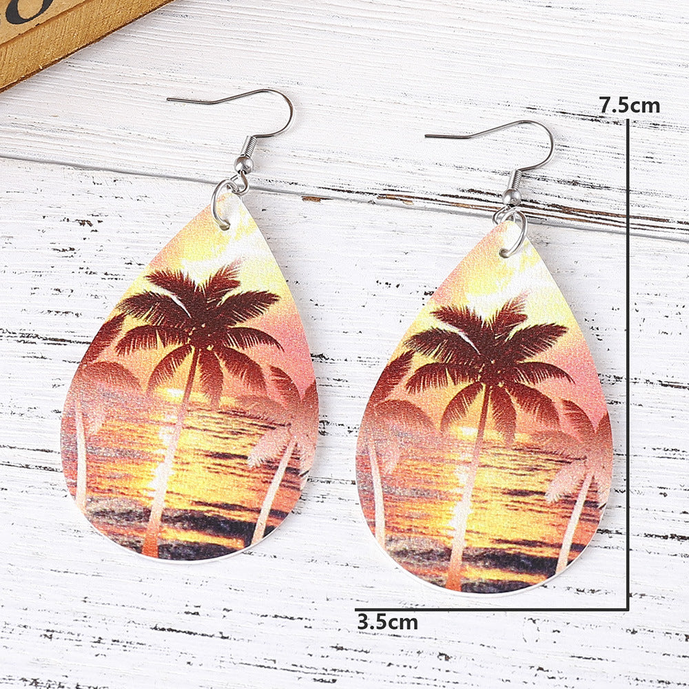 Wholesale  Ocean Wind Coconut Tree Beach Wave PU Double-sided Water Drop  Earrings