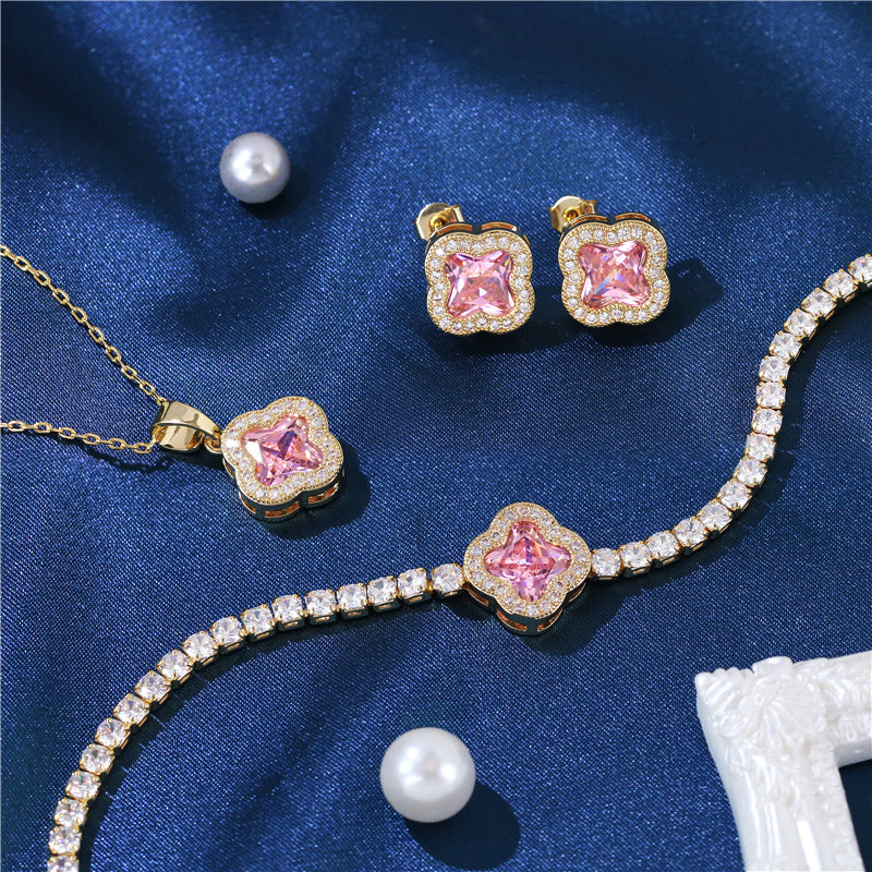 Wholesale Zircon Color Crystal Necklace Set Petal Zircon Earrings Necklace Bracelet