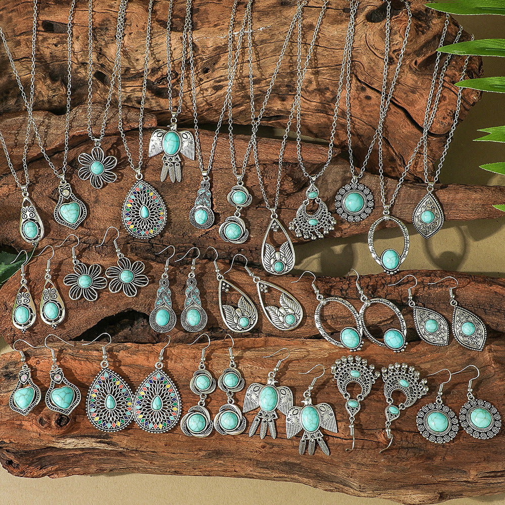 Wholesale Bohemian Turquoise Long Pendant Earrings Set for Party Jewelry Accessory
