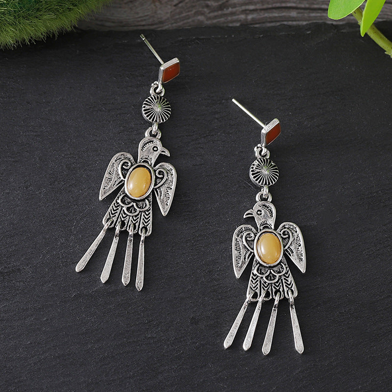 Wholesale Retro Ethnic Bird Earrings For Women Ancient Silver Alloy With Gemstone Accent Fashion Jewelry Accessory For Gift And Boutique Resale