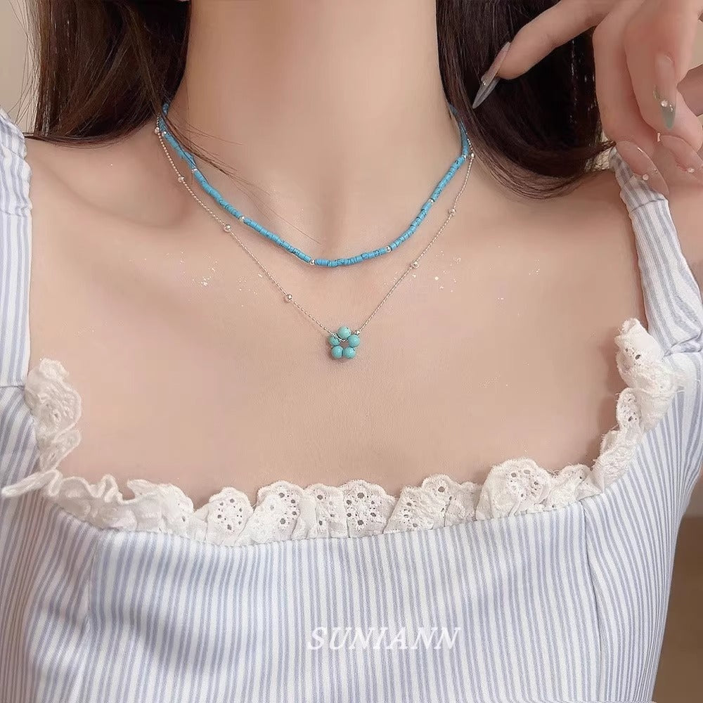 Wholesale Pastoral Style Turquoise Flower Necklace,  Fresh Layered Collarbone Chain Jewelry Accessory for Boutique Resale