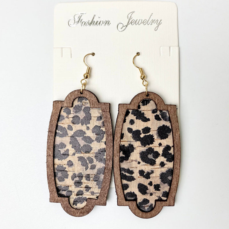 Wholesale 3PCS of wooden leopard print leather earrings