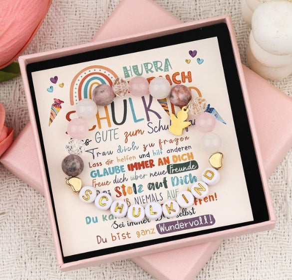 Wholesale School Season Girl Bracelet Red Striped Agate Pink Crystal Alphabet Bead  Unicorn Bracelet