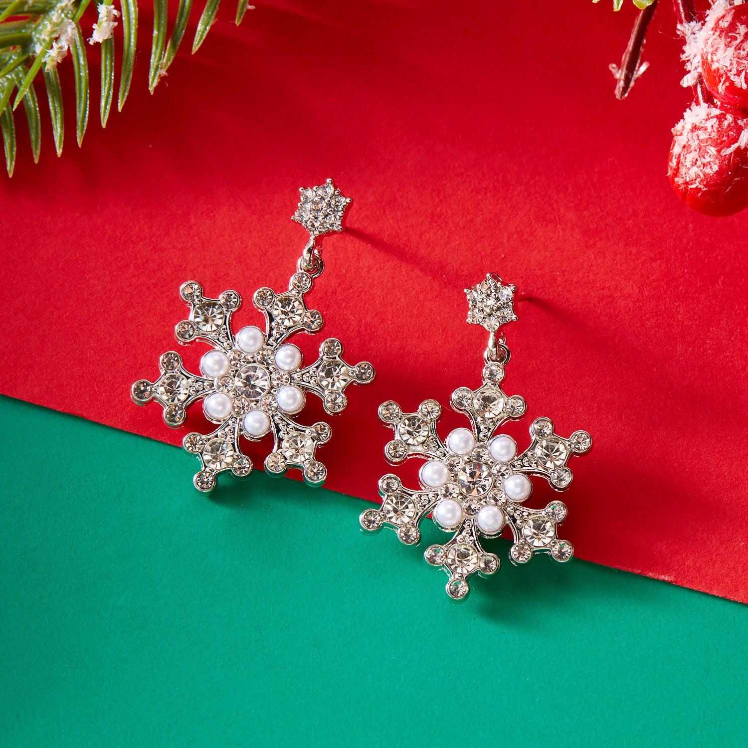 Wholesale  Christmas Earrings  Diamond Pearl Winter Christmas Snowflake Earrings