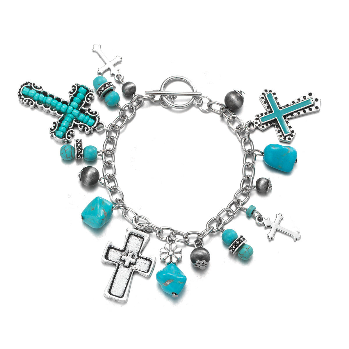 Wholesale  Turquoise Antique Cross Beaded Carved Silver Turquoise Retro  Bracelet