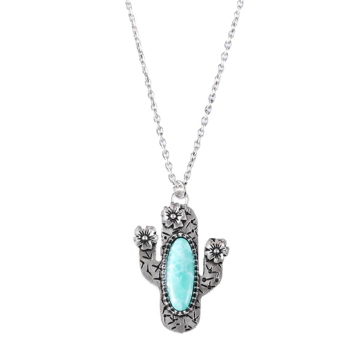 Wholesale Retro Cactus Pendant Necklace with Turquoise Inlay Zinc Alloy Electroplated Fashion Accessory