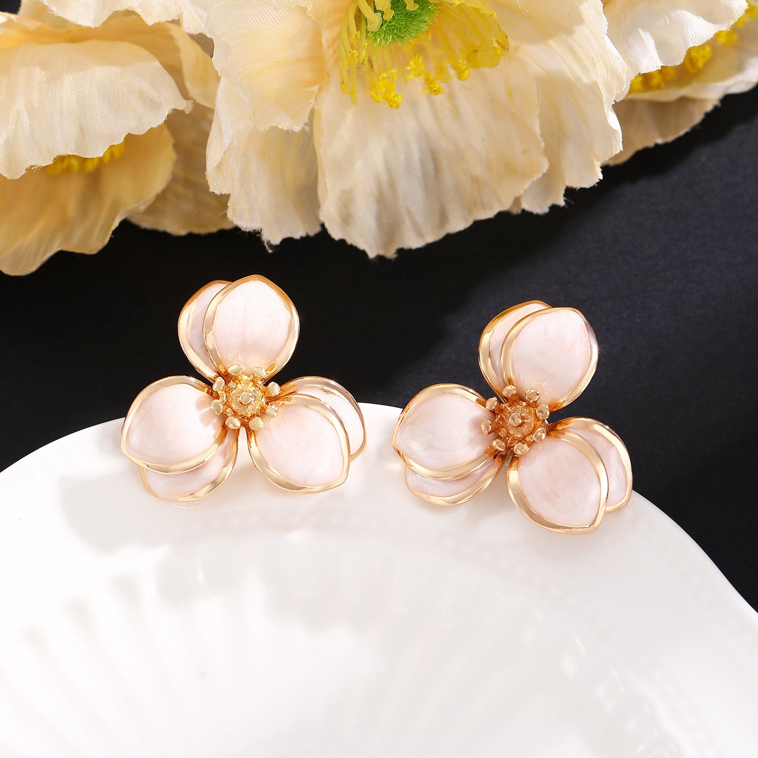 Wholesale Stylish Flower Earrings For Women Double Layer Petal Colorful Dripping Oil Zinc Alloy Everyday Jewelry Accessory