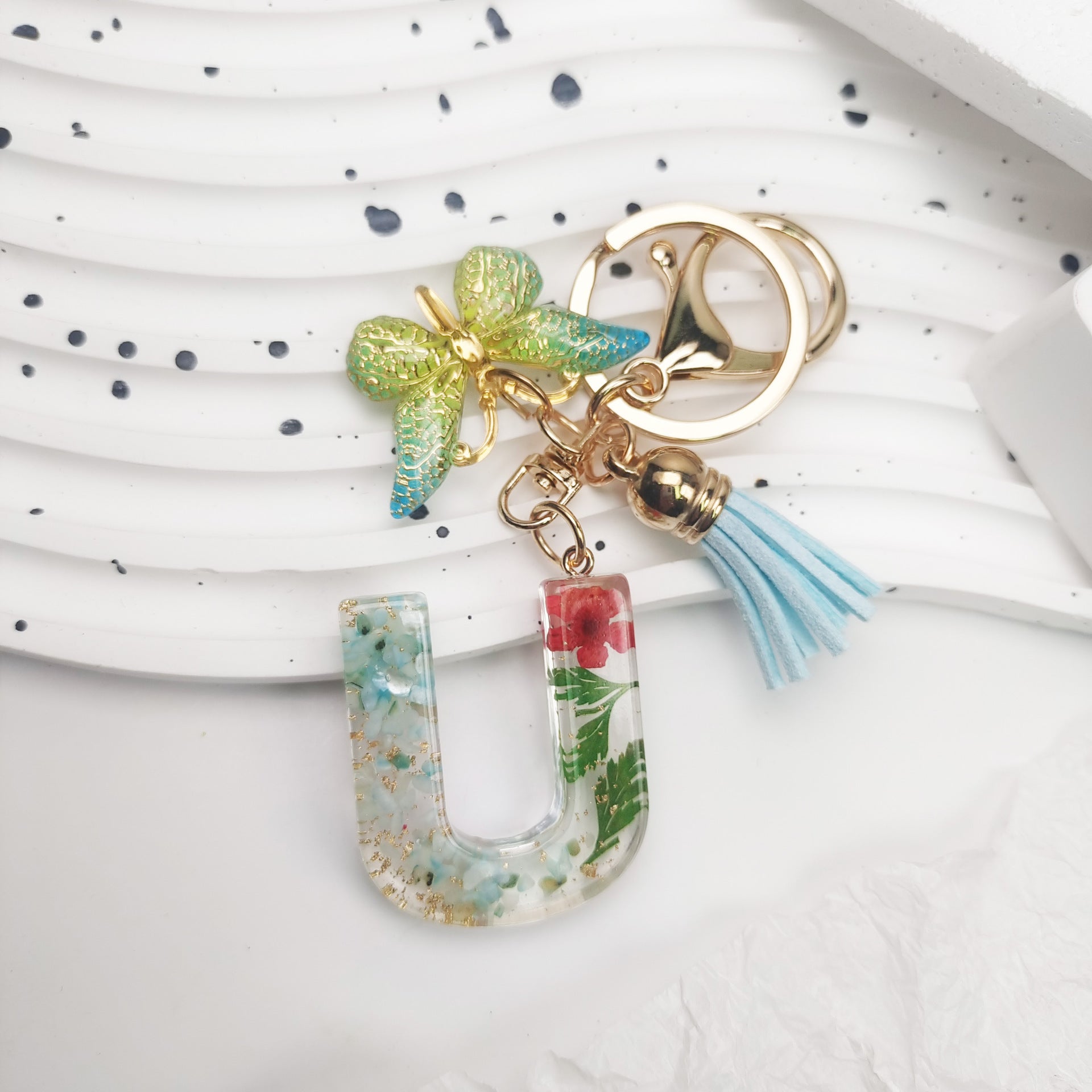 Wholesale Green English Letter Dried Flower Keychains Butterfly Tassel Keychain ACC-KC-Jiay002