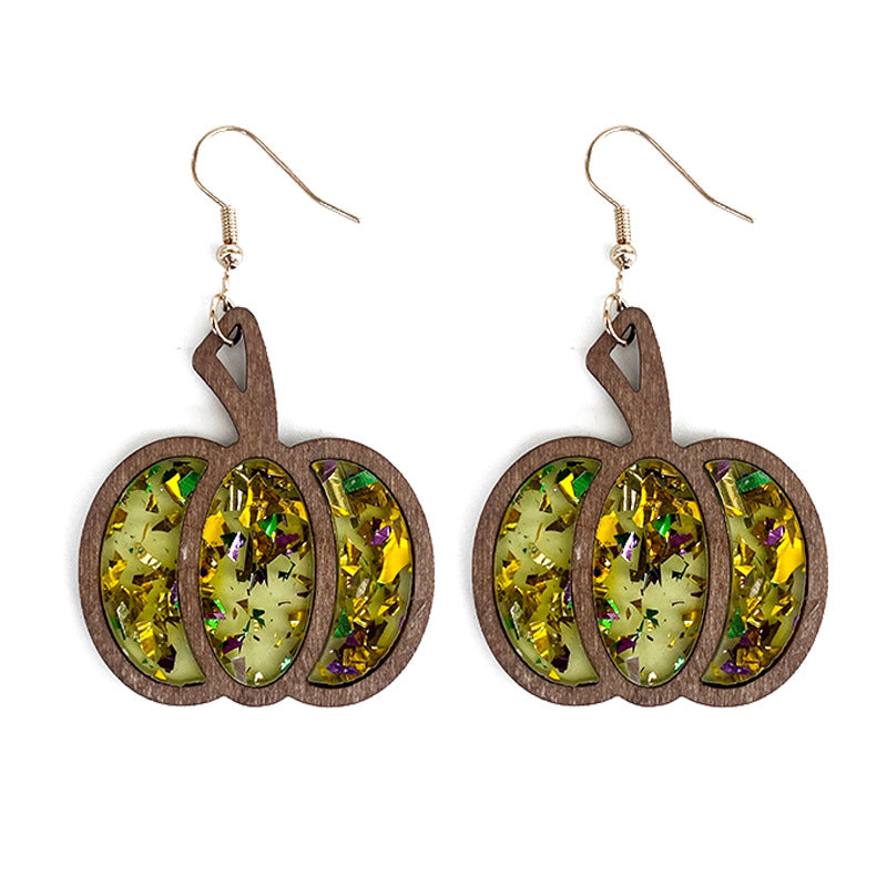 Wholesale Halloween Pumpkin Wood Inlay Acrylic Hollow Earrings ACC-ES-XinChuan053