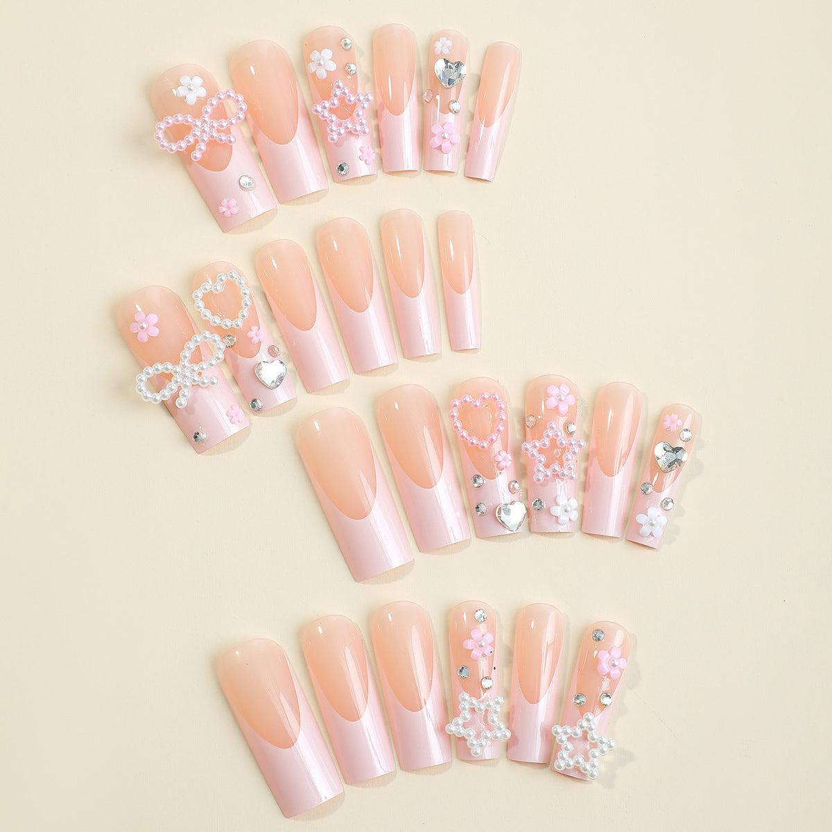 Wholesale Plastic Pink Diamond Studded Five Pointed Star Love Press on Nails Kits 24 Pieces/box ACC-NS-HaoYi015