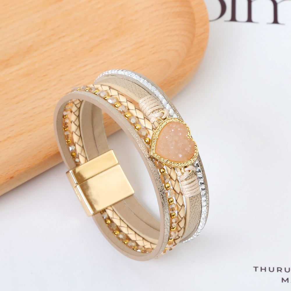 Wholesale love bracelet handwoven leather magnet buckle diamond alloy bracelet ACC-BT-Hongx001