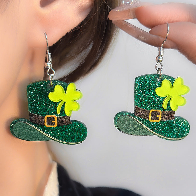 Wholesale St. Patrick's Day Green Four Leaf Clover Hat Earrings