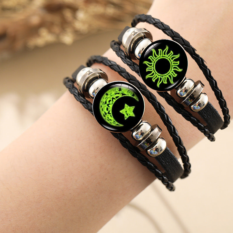 Wholesale Retro luminous sun and moon lovers handmade multi-layer braided leather bracelet