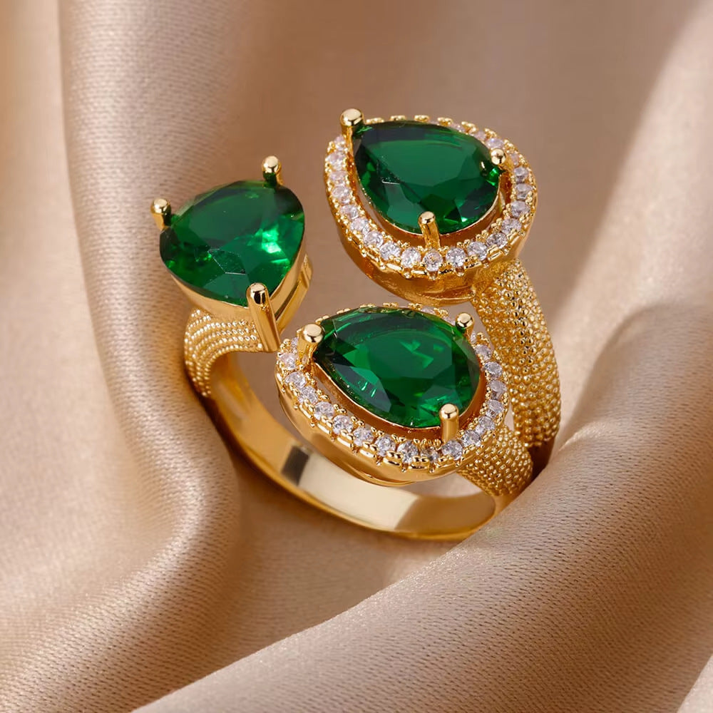 Wholesale Cross-border Light Luxury Retro Style Green Zircon Open Ring 18K Gold Plated Emerald High-grade Finger Ring Jewelry