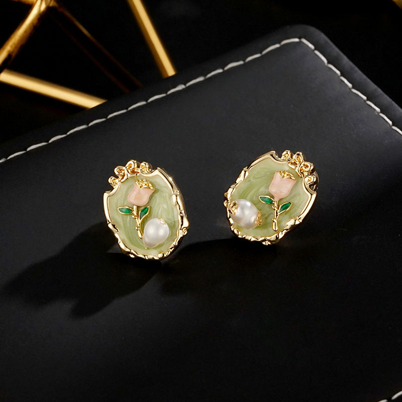 Wholesale Green Oil Painting Pearl Flower Glaze Earrings