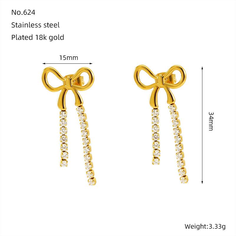 Wholesale Stainless steel  bow earrings long tassel earrings