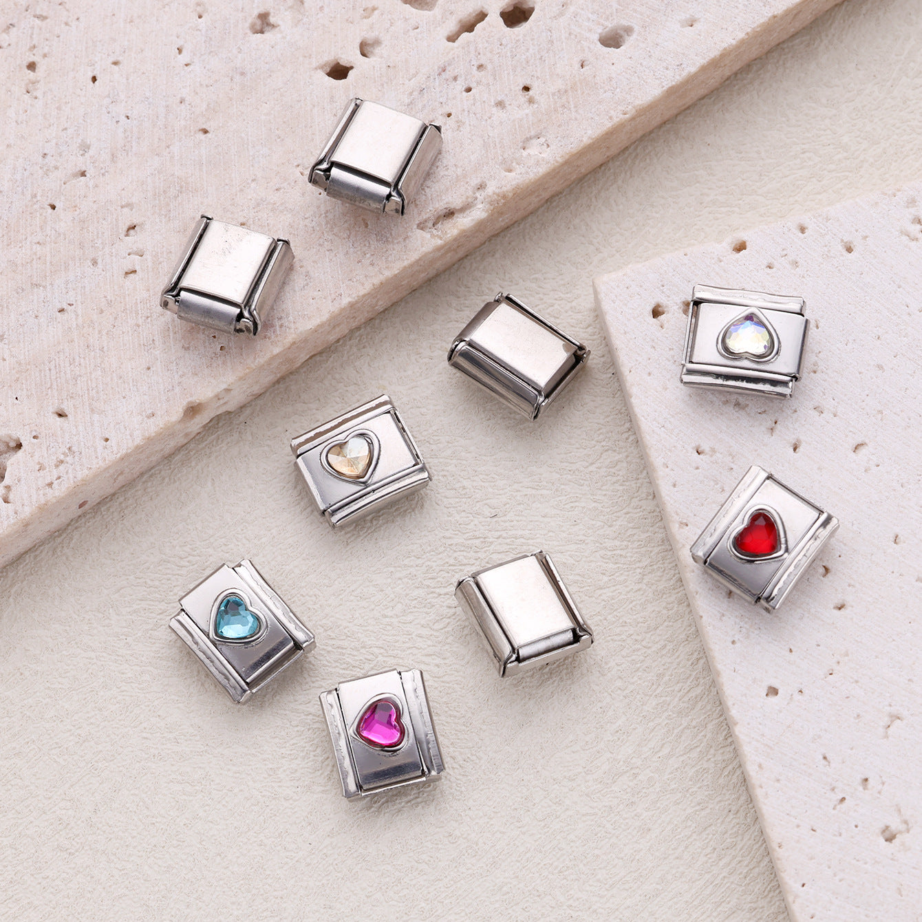 Wholesale 10pcs Italian Charm Bracelet 9mm DIY Splicing Colorful Heart Gem Stainless Steel Composable Bracelet