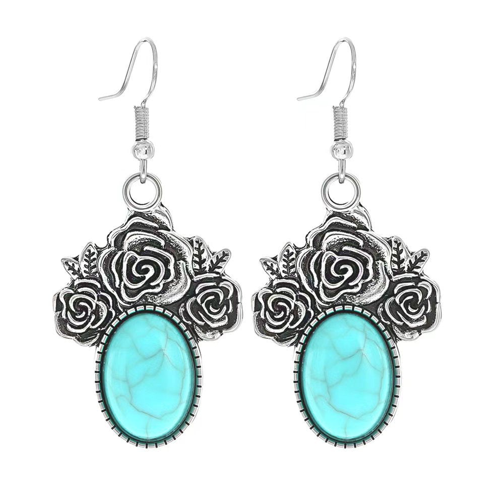Wholesale Turquoise Geometric Tassel Earrings Antique Silver Retro Fashion Accessory for Everyday Wear or Gift