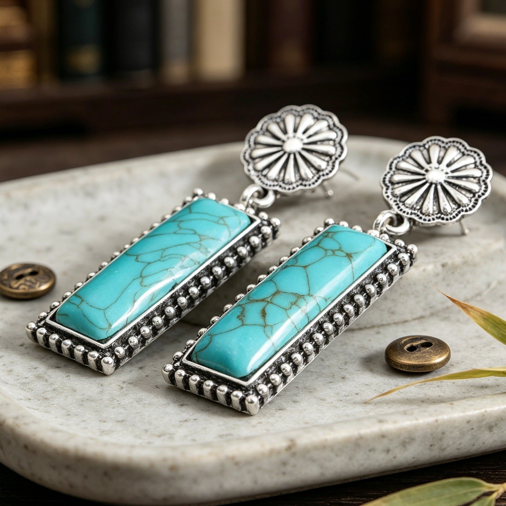 Wholesale Retro Bohemian Turquoise Carved Flower Earrings For Women Vintage Rectangle Stud Jewelry Fashion Accessory Gift