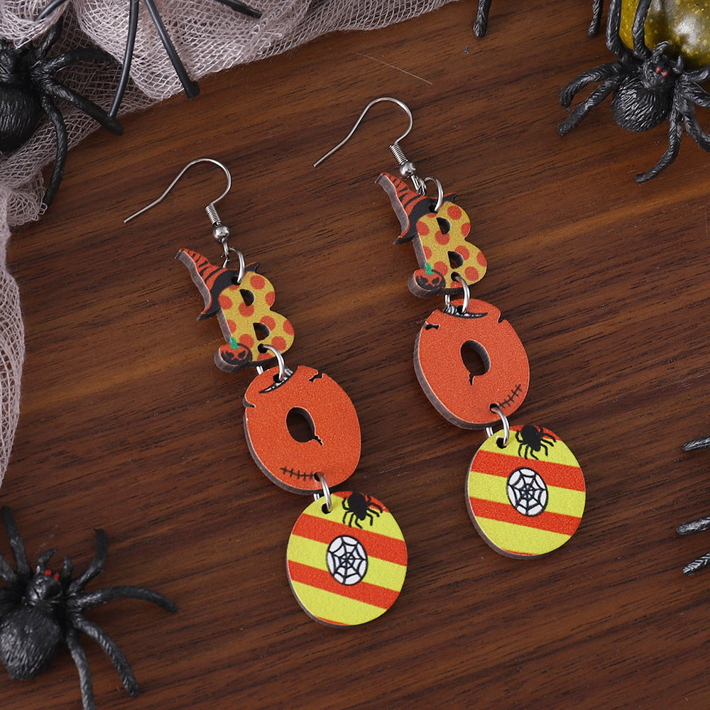 Wholesale Halloween Ghost Face Pumpkin Ghost Triple Stitching Wood Gothic Earrings ACC-ES-ChuLian064