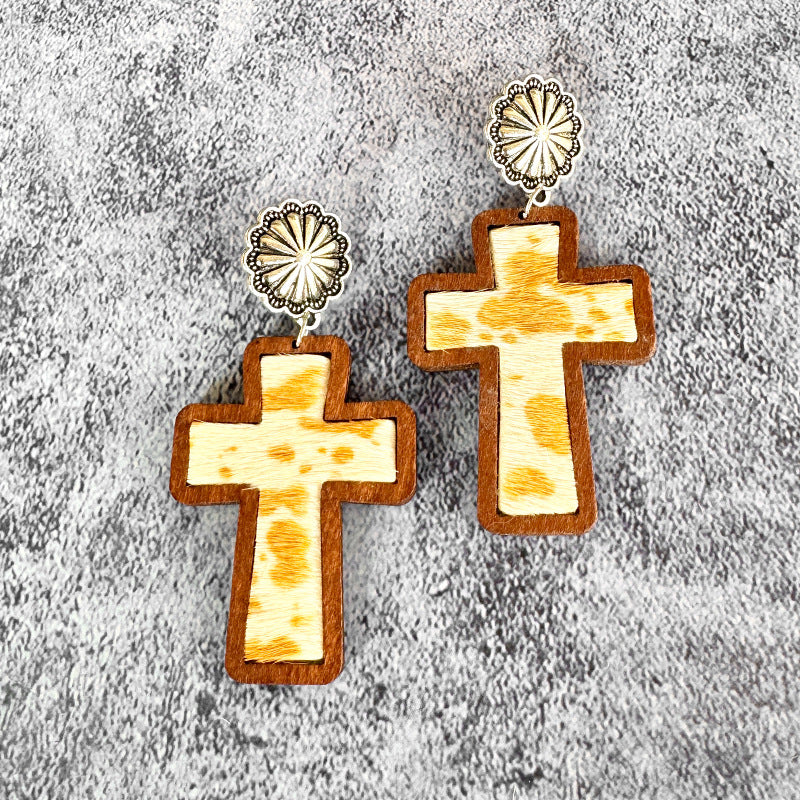 Wholesale Wooden and leather cross leopard print earrings