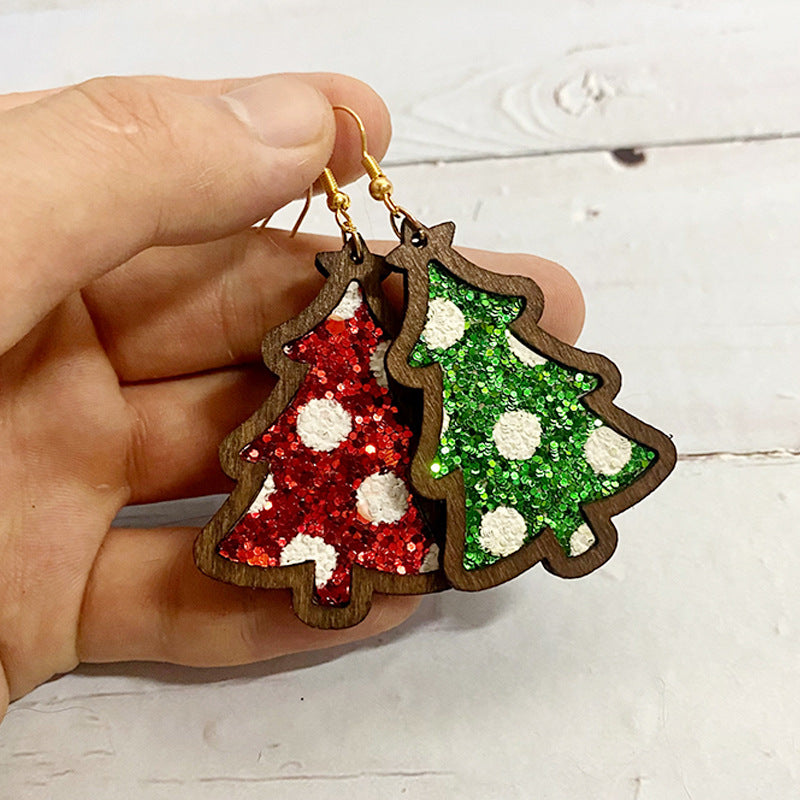 Wholesale Christmas flash leather wooden earrings