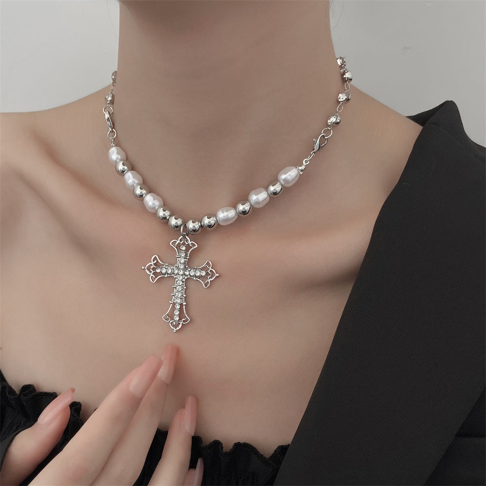 Wholesale  Stainless Steel Diamond-encrusted Pearl Cross Necklace