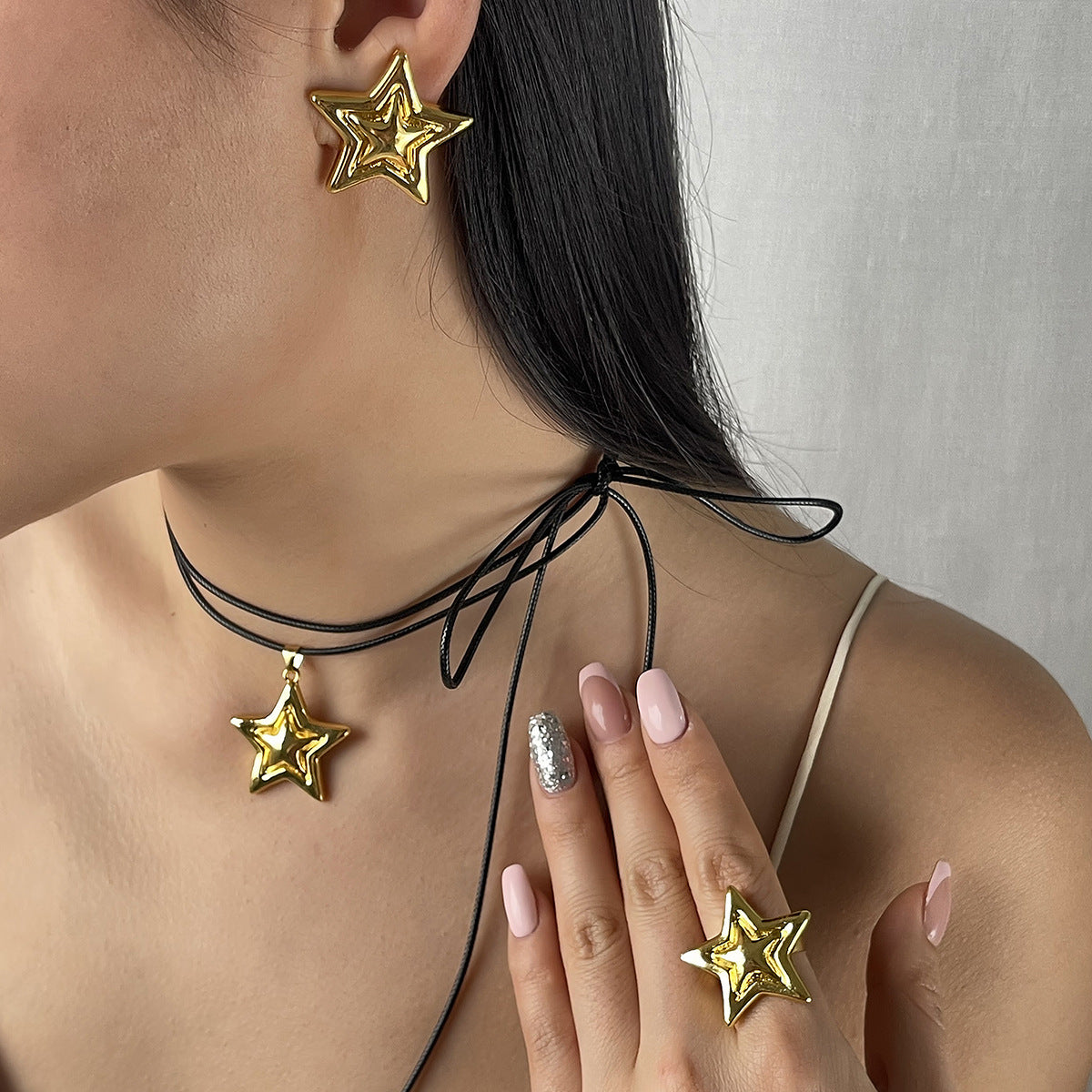 Wholesale double five-pointed star earrings necklace ring niche creative