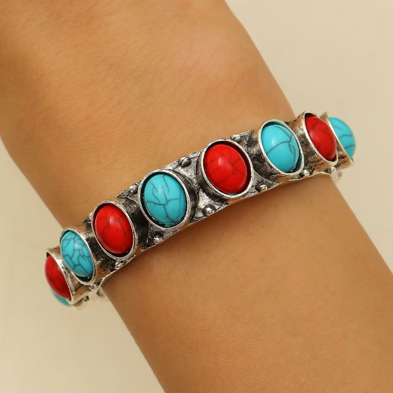 Wholesale Vintage Bohemian Bangle with Open Design and Turquoise Inlay