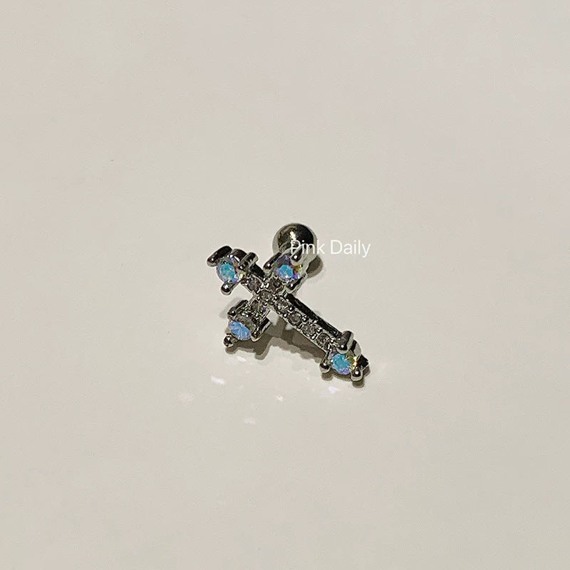 Wholesale Halloween  Super Flash Full Diamond Cross Ear Bone Nail  Titanium Steel Earrings