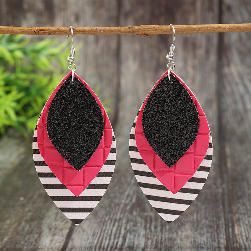 Wholesale Retro Leaf-Shaped Leather Earrings with Glitter and Stripes,  Everyday Wear Fashion Accessory